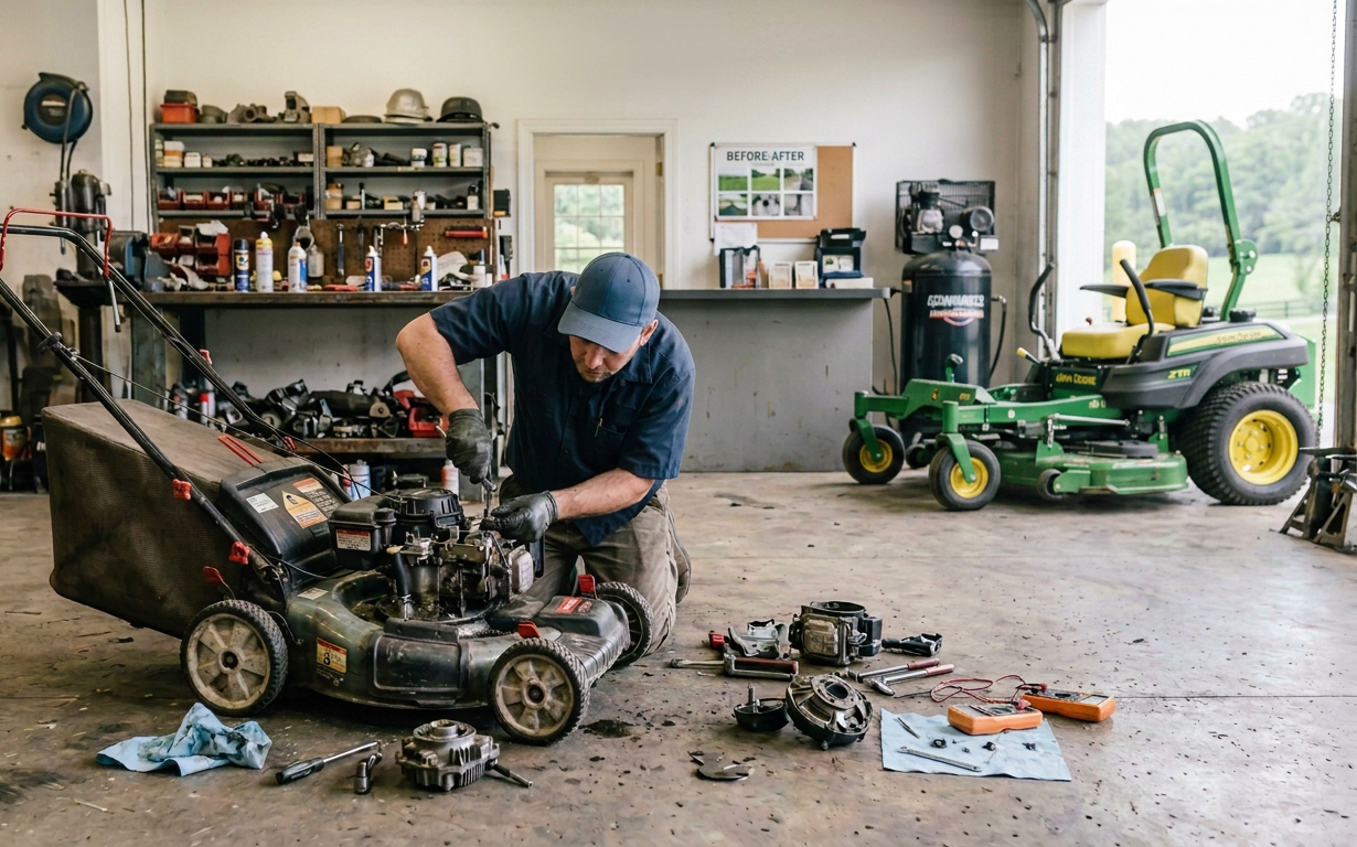Mechanic repairing a lawn mower engine with a screwdriver